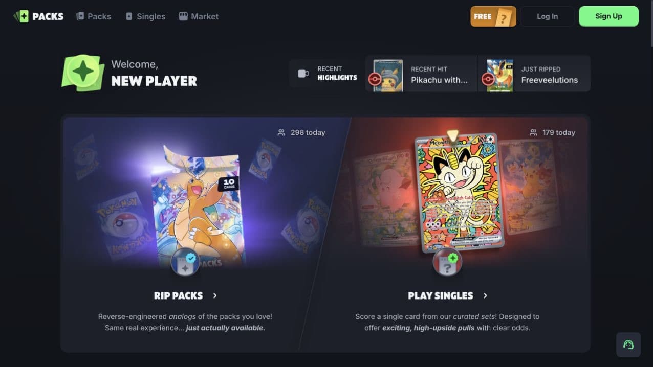 Packs.com homepage explaining its online card-opening formats