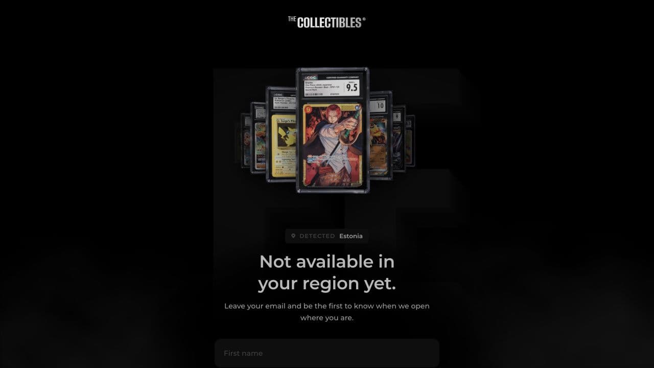 TheCollectibles.io: Regional opening-soon screen observed from Estonia